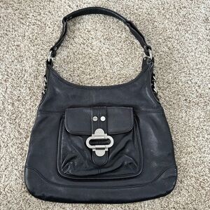 B Makowsky Black Leather Hobo Shoulder Bag Purse  Leopard Interior
